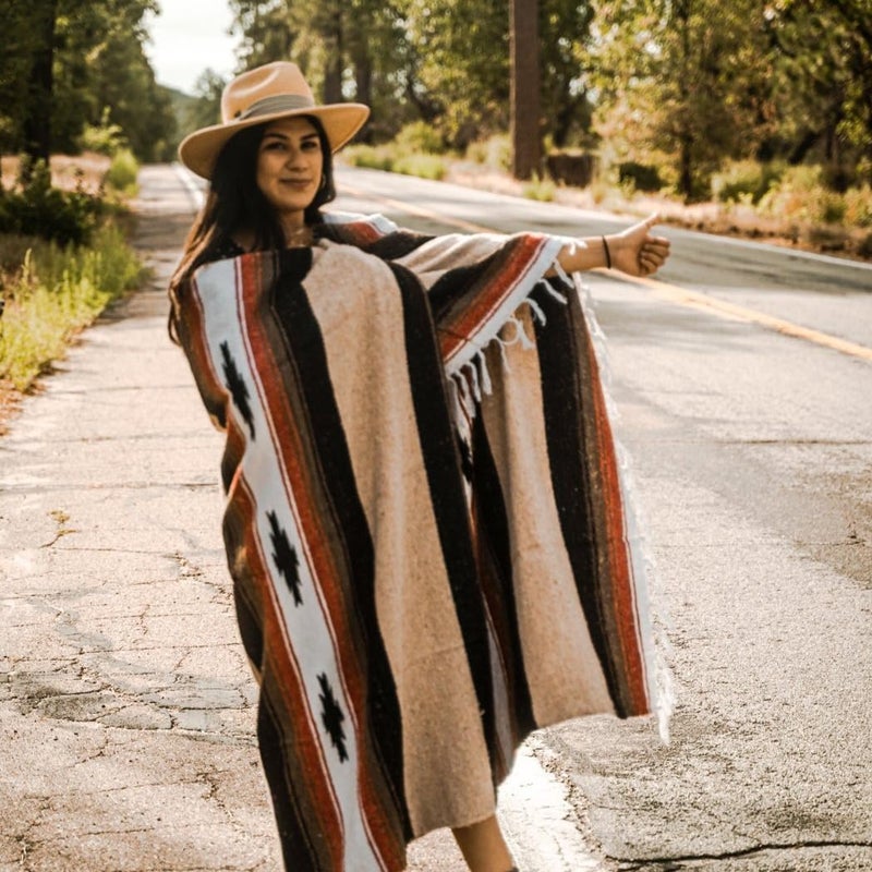 Open Road Goods Tan/Khaki Mexican Yoga Blanket - Thick Diamond Serape with Orange and Brown Stripes - Image 4